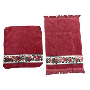 Vintage Martha Stewart Dark Pink Rose Floral Border Hand Towel Washcloth Set